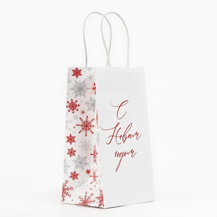 Пакет подарочный новогодний «С Новым годом», снежинки, белый крафт, 12 х 21 х 9 см , Новый год