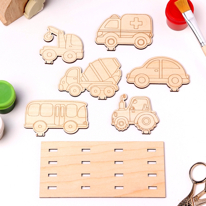 Деревянная объемная раскраска Деревянная объемная раскраска "Транспорт", 6 фигур, подставка