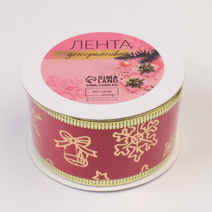 Лента бархатная с металлической нитью «Снежинки», 38 мм × 9 ± 0,5 м, цвет красный/золотой Лента бархатная с металлической нитью «Снежинки», 38 мм × 9 ± 0,5 м, цвет красный/золотой