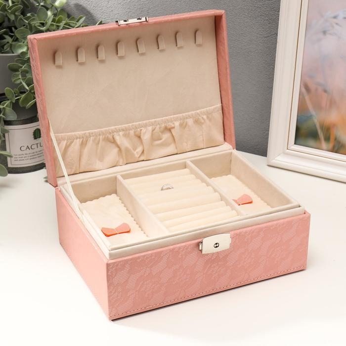 Шкатулка кожзам для украшений  Шкатулка кожзам для украшений "Цветочное кружево" розовая 9,5х16х22 см