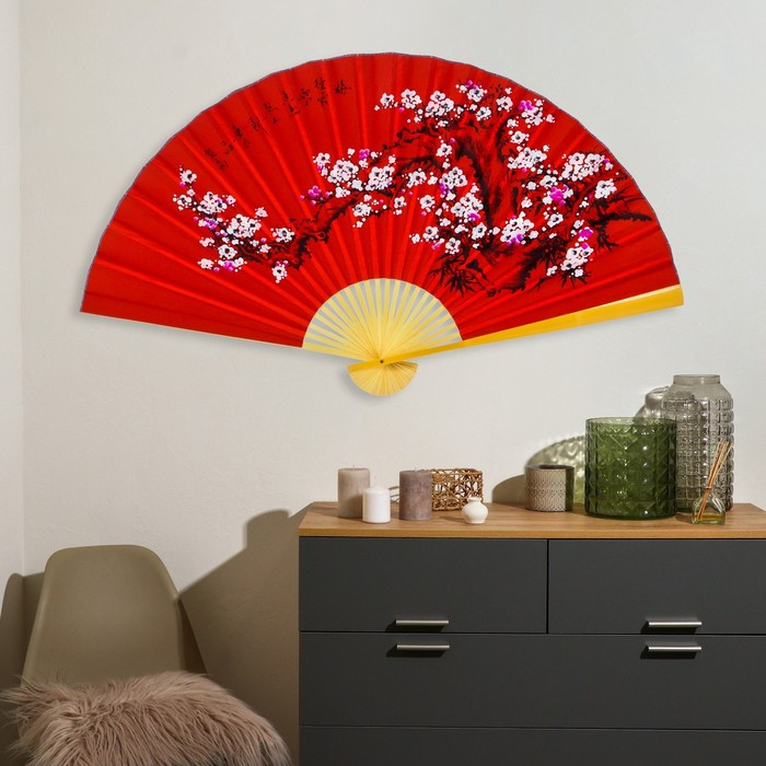 Веер бамбук, текстиль h=90 см  Веер бамбук, текстиль h=90 см "Сакура" красный