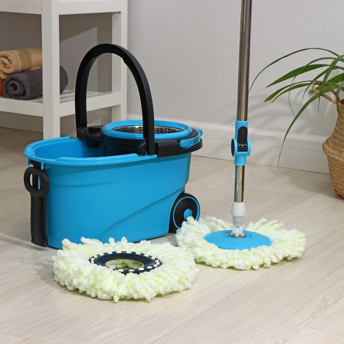 Швабра с отжимом Доляна: ведро с металлической центрифугой, 18 л, запасная насадка из микрофибры, цвет синий Швабра с отжимом Доляна: ведро с металлической центрифугой, 18 л, запасная насадка из микрофибры, цвет синий