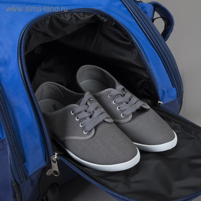 Сумка дорожная на колёсах, отдел на молнии, отдел для обуви, 3 наружных кармана, длинный ремень, цвет синий/василёк Сумка дорожная на колёсах, отдел на молнии, отдел для обуви, 3 наружных кармана, длинный ремень, цвет синий/василёк