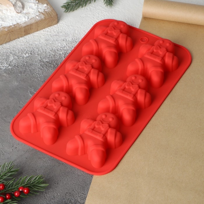 Форма для выпечки новогодняя Доляна «Новый год. Имбирный пряник», силикон, 28×17 см, 6 ячеек, цвет красный Форма для выпечки новогодняя Доляна «Новый год. Имбирный пряник», силикон, 28×17 см, 6 ячеек, цвет красный