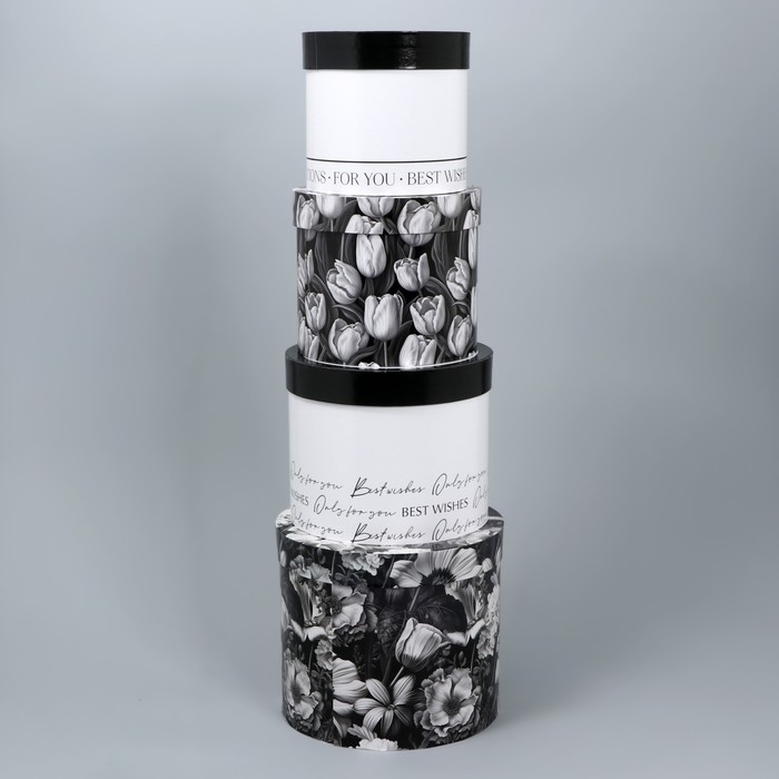 Набор шляпных коробок для цветов 4 в 1, упаковка подарочная, «Чёрно-белый», 14 х 13 см - 20 х 17.5 см