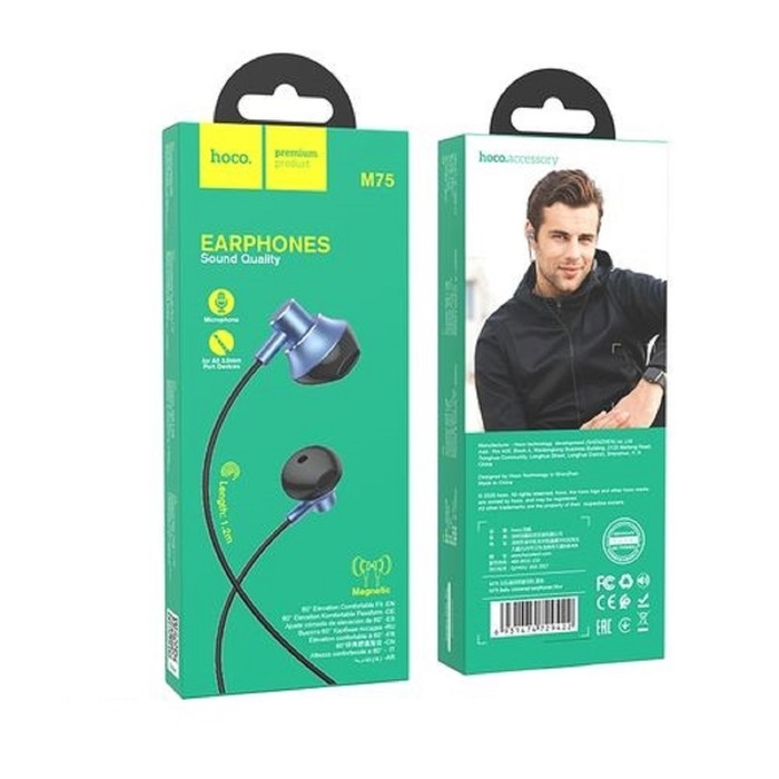 Наушники Hoco M75, проводные, вкладыши, микрофон, Jack 3.5 мм, 1.2 м, синие Наушники Hoco M75, проводные, вкладыши, микрофон, Jack 3.5 мм, 1.2 м, синие