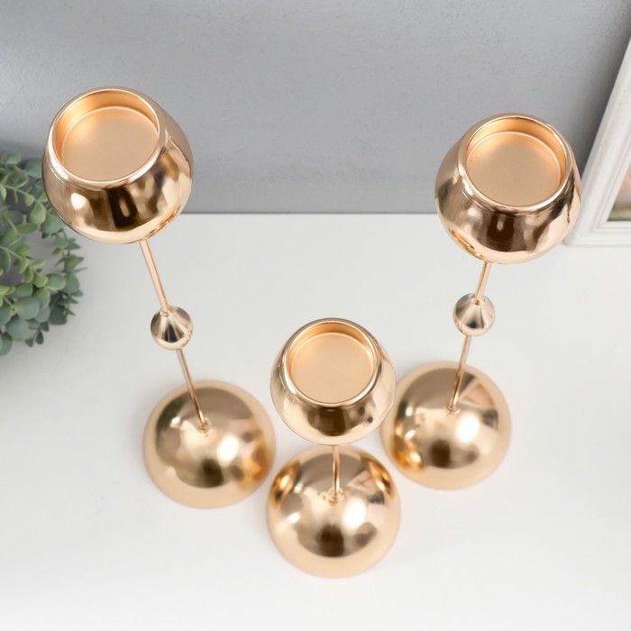 Подсвечник металл на 1 свечу "Капли" набор 3 шт d=5 см золото 12х36,5, 12х46,5, 12х56 см