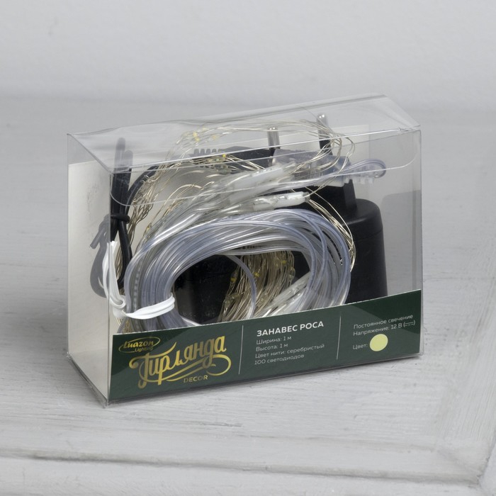 Гирлянда «Занавес» 1 × 1 м роса, IP20, серебристая нить, 100 LED, свечение тёплое белое, 12 В