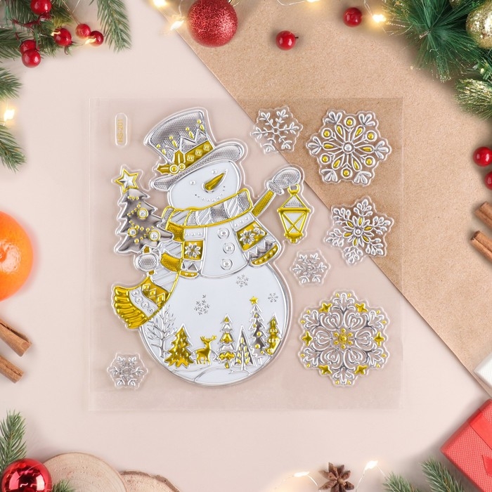 Наклейки на окна Наклейки на окна "Новогодние" снеговик с фонарем, 24 х 19 см