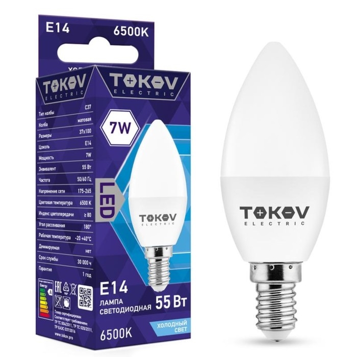 Лампа светодиодная TOKOV ELECTRIC, 7 Вт, С37, 6500 К, Е14, 176-264В Лампа светодиодная TOKOV ELECTRIC, 7 Вт, С37, 6500 К, Е14, 176-264В
