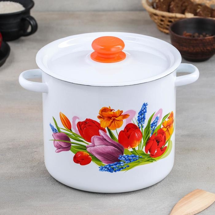 Кастрюля эмалированная цилиндрическая «Тюльпан Май», 5,5 л, с кнопкой, цвет белый Кастрюля эмалированная цилиндрическая «Тюльпан Май», 5,5 л, с кнопкой, цвет белый