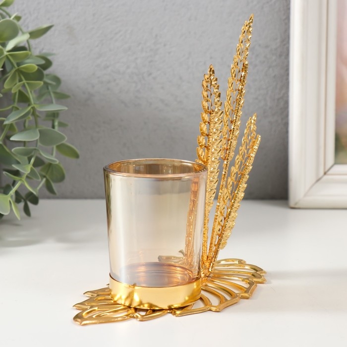 Подсвечник металл, стекло на 1 свечу Подсвечник металл, стекло на 1 свечу "Высокие листы" d=4,7 см, золото 14,8х8х15 см