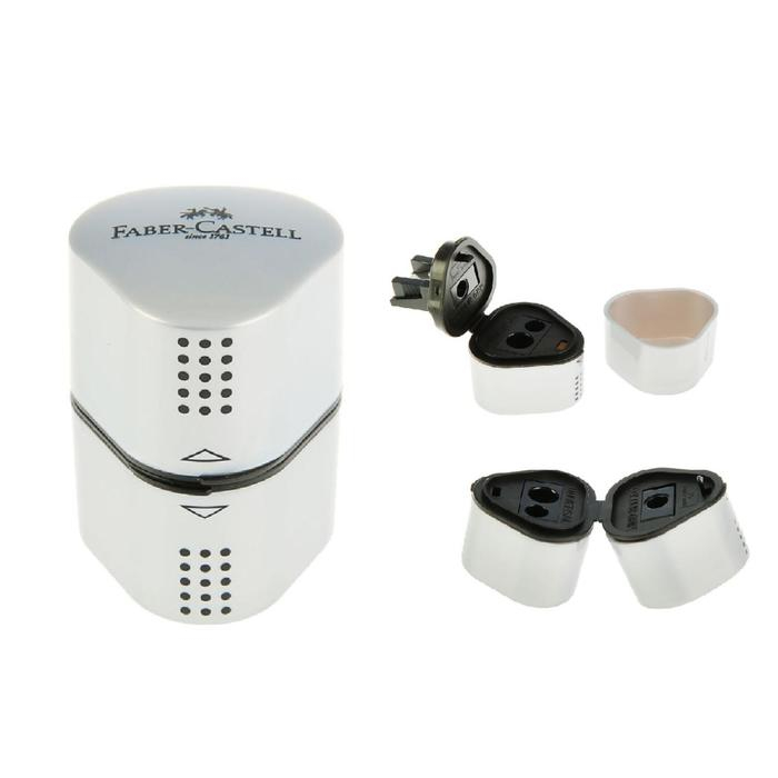 Точилка 3 отверстия с контейнером Faber-Castell TRIO Grip 2001 для стандартных, трёхгранных и Maxi карандашей, серая Точилка 3 отверстия с контейнером Faber-Castell TRIO Grip 2001 для стандартных, трёхгранных и Maxi карандашей, серая