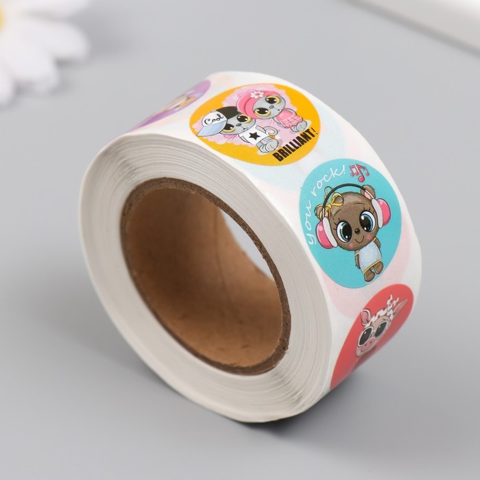 Наклейка бумага Наклейка бумага "Подбадривающие звери" d=2,5 см 500 шт в рулоне