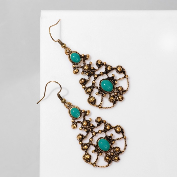 Серьги эмаль «Ажур» узорчатый ромб, цвет зелёный в чернёном золоте Серьги эмаль «Ажур» узорчатый ромб, цвет зелёный в чернёном золоте