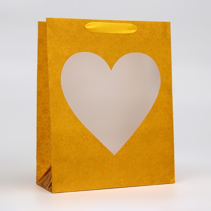 Пакет подарочный, фольгированный, упаковка, с окном  Пакет подарочный, фольгированный, упаковка, с окном "Сердце", "Золотой", M 32 х 25,5 х 11 см
