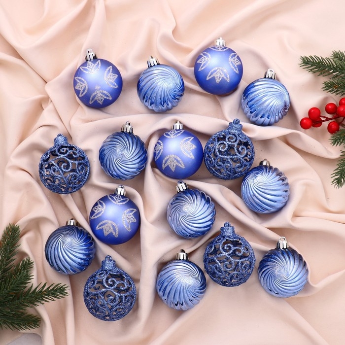 Набор шаров пластик d-6 см, 16 шт Набор шаров пластик d-6 см, 16 шт "Руби узоры" сине-сиреневый