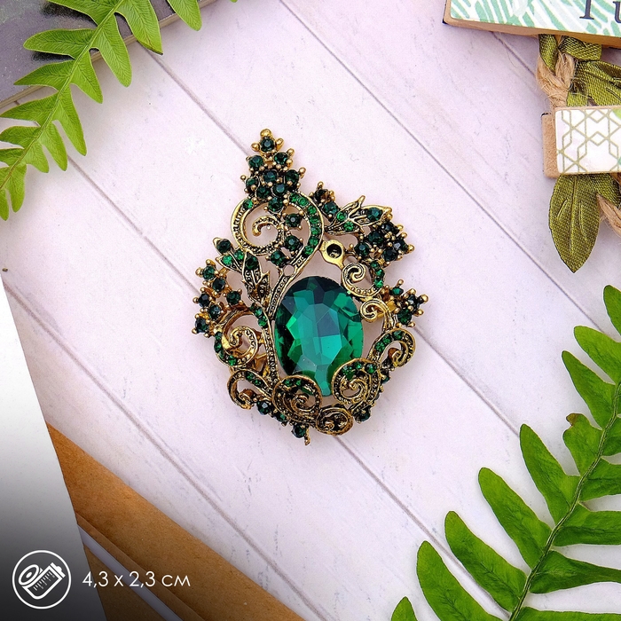 Брошь «Ажур», цвет изумрудный в чернёном золоте Брошь «Ажур», цвет изумрудный в чернёном золоте