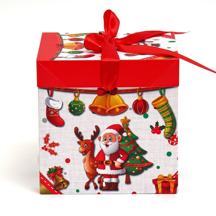 Новый год. Коробка подарочная новогодняя складная Новый год. Коробка подарочная новогодняя складная "Дед мороз и Елка" 15х15х15 см.