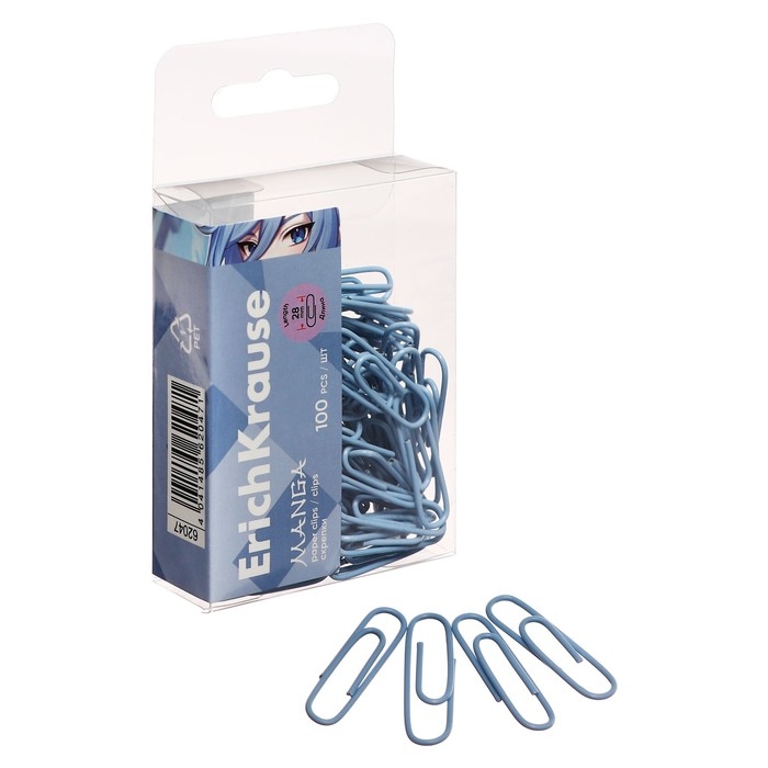 Скрепки канцелярские 28 мм, 100 штук, ErichKrause Manga, цветные с виниловым покрытием, пластиковая коробка, бледно-голубые Скрепки канцелярские 28 мм, 100 штук, ErichKrause Manga, цветные с виниловым покрытием, пластиковая коробка, бледно-голубые
