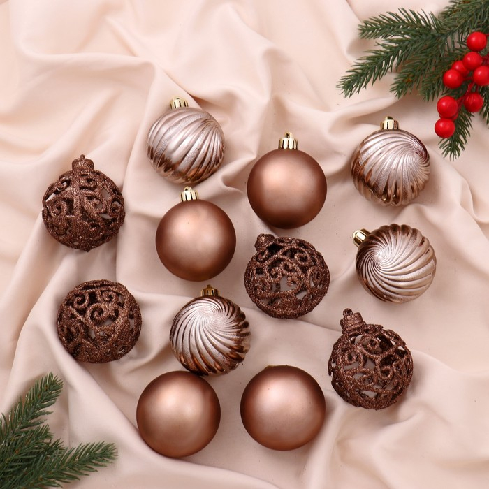 Набор шаров пластик d-6 см, 12 шт Набор шаров пластик d-6 см, 12 шт "Николь узоры" коричневый