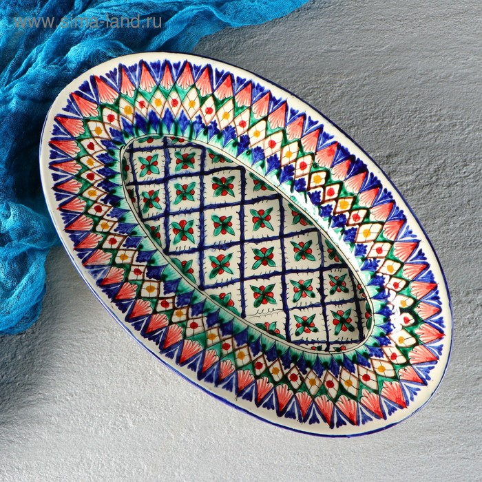 Селедочница Риштанская Керамика  Селедочница Риштанская Керамика "Узоры", 34 см, разноцветное, овальное