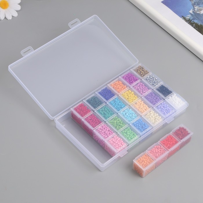Бисер стекло 8/0 (3 мм) в шкатулке  Бисер стекло 8/0 (3 мм) в шкатулке "Яркий" 28 цветов х 10  гр + декор 17,5х10,5х2,4 см