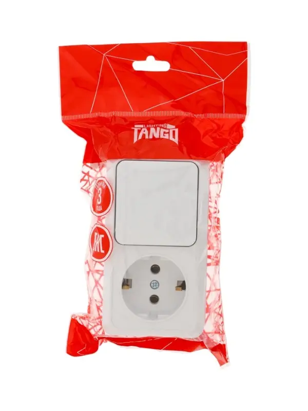 Выключатель с розеткой горизонтальный TANGO, 16 А, 1 клавиша + розетка, IP 20, открытой проводки с з