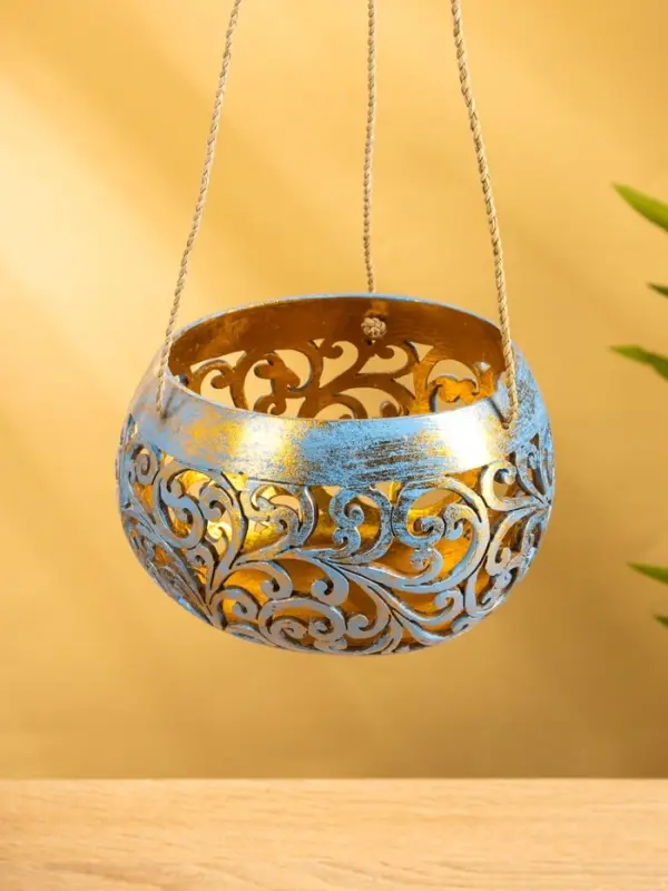 Подсвечник подвесной из кокоса, 14×14×10 см, голубой-золотой