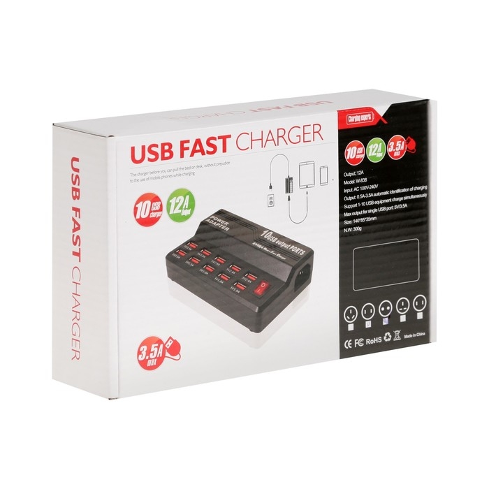 Зарядная станция WLX-838, 10 USB, 60 W, 12 А, выключатель, чёрная Зарядная станция WLX-838, 10 USB, 60 W, 12 А, выключатель, чёрная