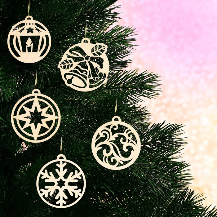 Ёлочные игрушки новогодние &laquo;Новый год: Круглые&raquo;, в деревянной коробке с гравировкой, 6 шт