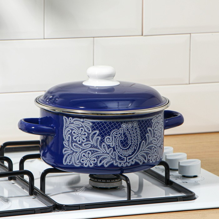 Кастрюля эмалированная «Вологодское кружево», 3 л, индукция, цвет синий Кастрюля эмалированная «Вологодское кружево», 3 л, индукция, цвет синий