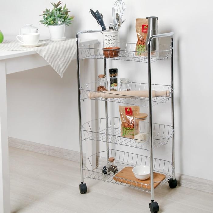 Этажерка напольная 4-х секционная Доляна, на колёсиках, 50×27×79 см, цвет хром Этажерка напольная 4-х секционная Доляна, на колёсиках, 50×27×79 см, цвет хром