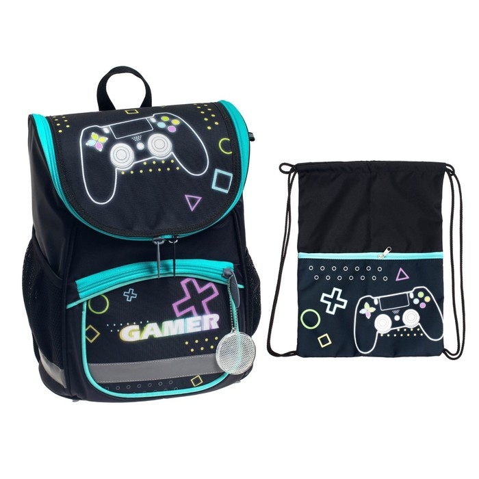 Ранец школьный Стандарт, 36 х 26 х 16 см, + мешок для обуви 40 х 32 см, Calligrata П Ранец школьный Стандарт, 36 х 26 х 16 см, + мешок для обуви 40 х 32 см, Calligrata П "Гейм", чёрный