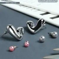 Серьги QF &laquo;Сердечки&raquo;, набор 3 пары, розовый в серебре