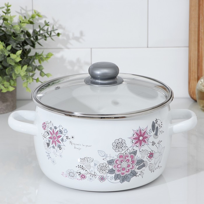 Кастрюля эмалированная «Весенний романс», 4 л, стеклянная крышка, индукция Кастрюля эмалированная «Весенний романс», 4 л, стеклянная крышка, индукция