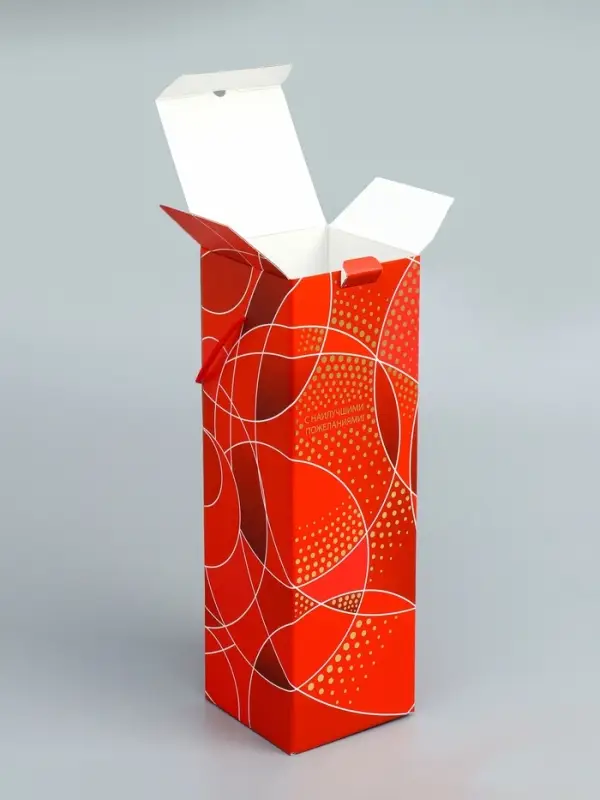 Подарочная новогодняя коробка под шампанское «Огненная» красная с веревочной ручкой 11×11×37 с Подарочная новогодняя коробка под шампанское «Огненная» красная с веревочной ручкой 11×11×37 с
