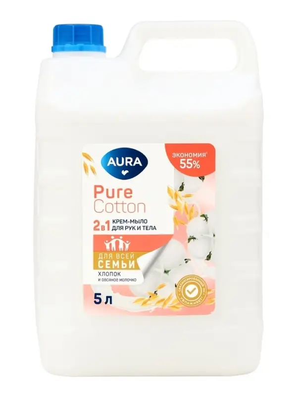 Крем-мыло AURA Pure Cotton 2 в 1 &laquo;Хлопок и овсяное молочко&raquo;, для рук и тела, канистра, 5 л