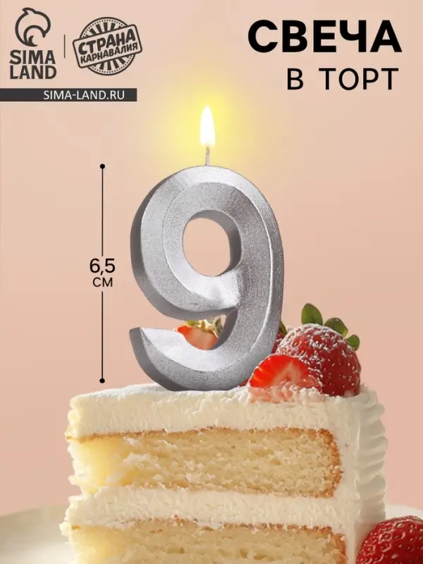 Свеча в торт «Цифра 9», серебряная, 6.5 см Свеча в торт «Цифра 9», серебряная, 6.5 см