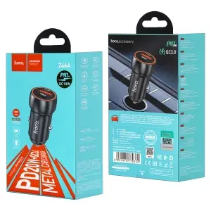 Переходник автомобильного зарядного устройства Z46А HOCO на Type-C PD20W + USB QC3.0 серый металлик