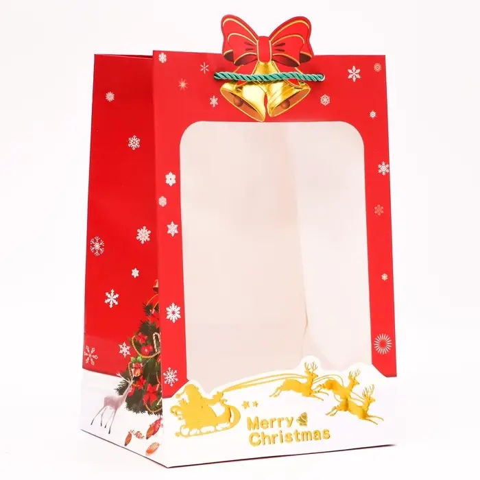 Пакет подарочный ламинированный с окном «Рождественский звон», тиснение 30×20×16 см, красный Пакет подарочный ламинированный с окном «Рождественский звон», тиснение 30×20×16 см, красный