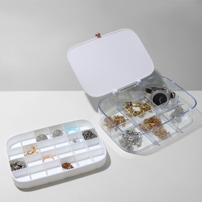 Подставка для украшений «Шкатулка» 2 яруса, 30 ячеек, 18×14×5 см, пластик, цвет белый Подставка для украшений «Шкатулка» 2 яруса, 30 ячеек, 18×14×5 см, пластик, цвет белый