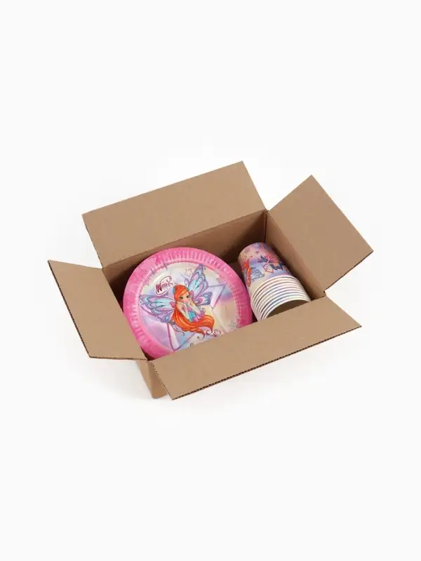 Посуда одноразовая бумажная на 10 персон: стаканы, тарелки, скатерть, ВИНКС Посуда одноразовая бумажная на 10 персон: стаканы, тарелки, скатерть, ВИНКС