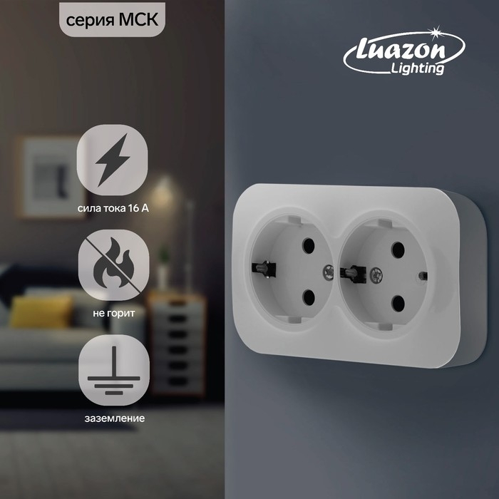 Розетка двухместная Luazon Lighting  Розетка двухместная Luazon Lighting "МСК", 16 А, с з/к, белая