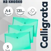 Набор папок-конвертов на кнопке 5 штук, А4, 120 мкм, Calligrata, прозрачные, зеленые