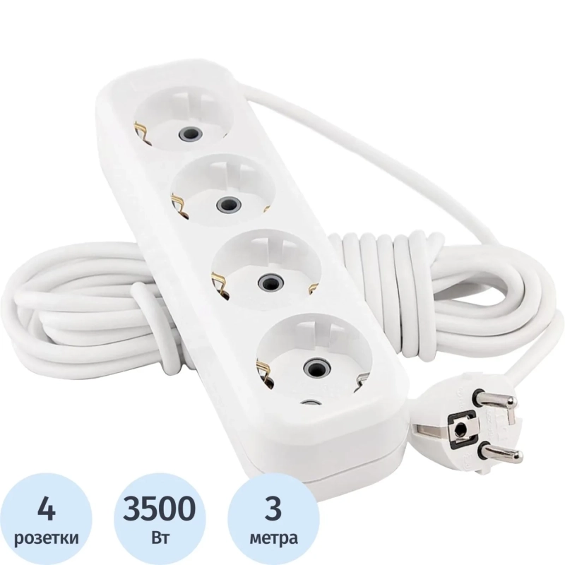 Удлинитель LUX У4-Е-03 4-местный с з/к, 250В 16А, 3м