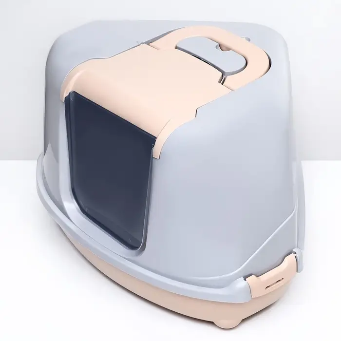 Туалет-домик угловой для кошек, 57&times;46&times;37 см, закрытый, с дверцей, бежевый, серый
