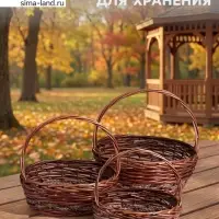 Корзина плетёная для хранения, лоза, с ручкой, овальная, коричневая, набор 3 шт.