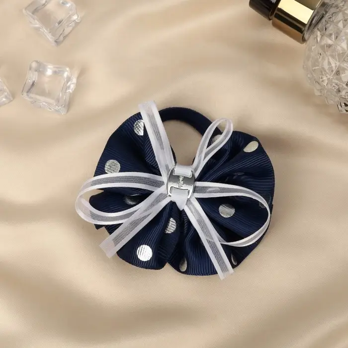 Бант для волос на резинке &laquo;Школьница&raquo;, горошек и прозрачная лента, d=7 см, бело-синий