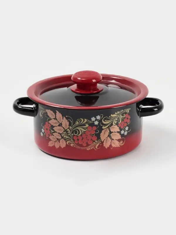 Кастрюля эмалированная &laquo;Рябинушка&raquo;, 2 л, d=18 см, с крышкой, ручка МИКС, чёрная, красная